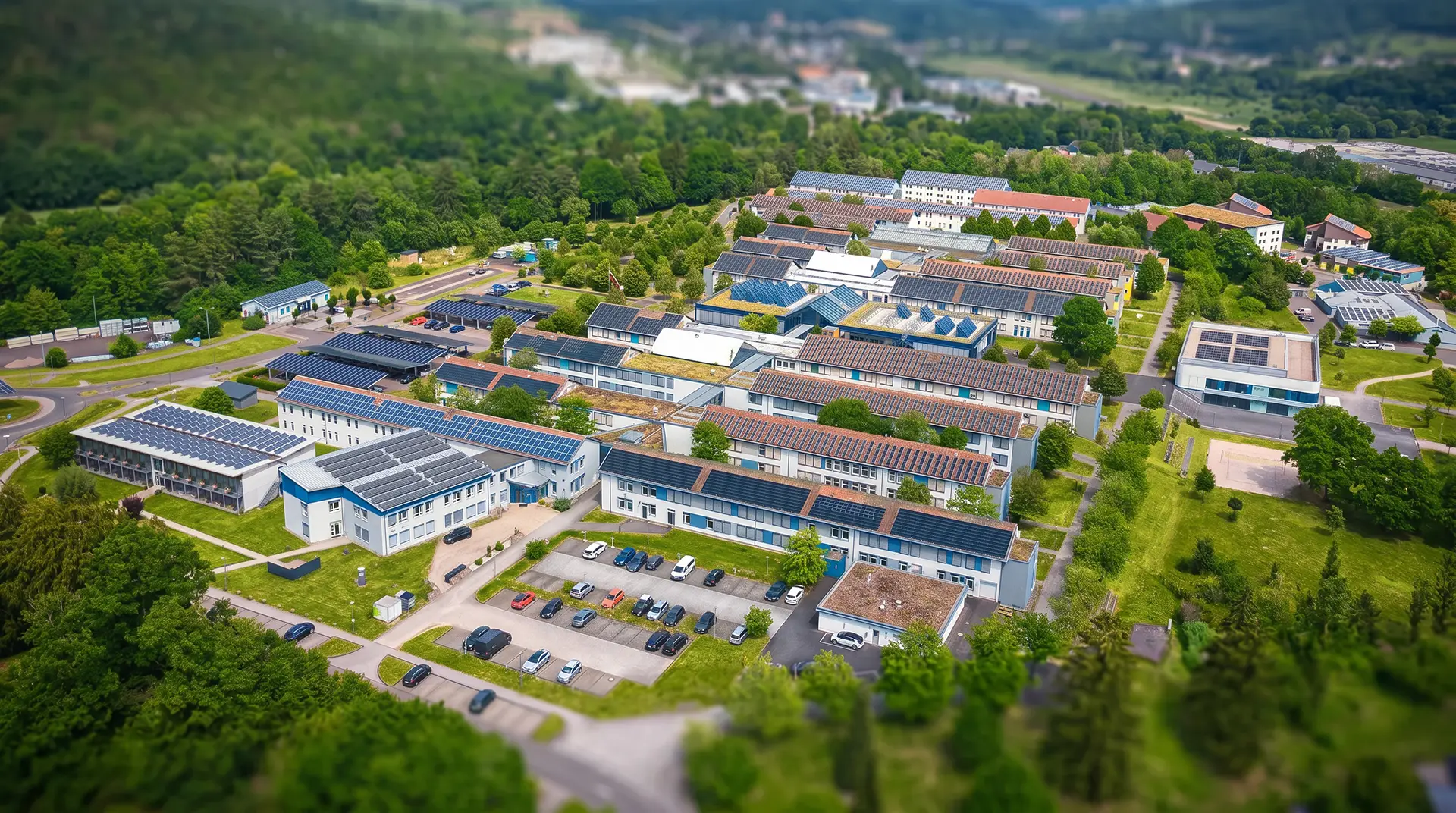 Aerial view of the Environmental Campus with dormitories, a restaurant, and a startup park